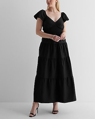 Casual V-Neck Flutter Sleeve Tiered Poplin Maxi Dress Black Women's S