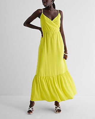 Casual Satin Wrap Front Tiered Maxi Dress Yellow Women's S