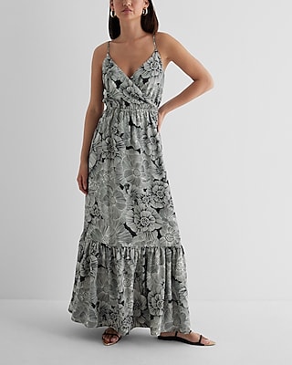 Spring Floral Print Satin Wrap Tiered Flowy Maxi Dress