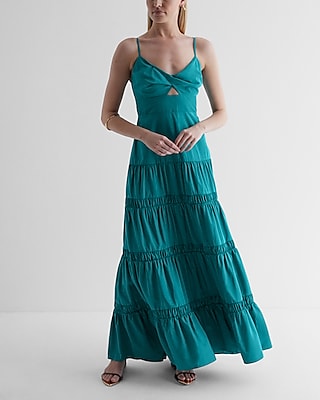 Casual V-Neck Twist Cutout Tiered Maxi Dress