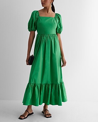 Casual Square Neck Puff Sleeve Tiered Poplin Midi Dress  Green Women's XS