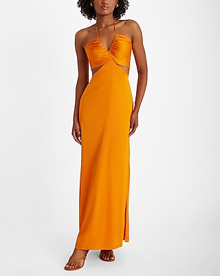 V-neck Satin Cocktail Halter Smocked Sleeveless Slit Cutout Party Dress/Wedding Dress/Maxi Dress