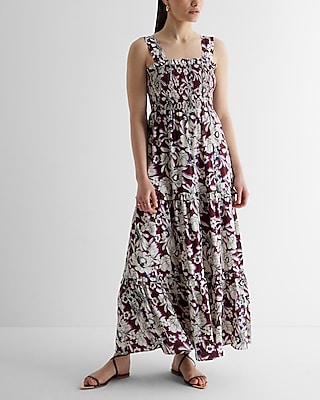 Casual Floral Square Neck Smocked Tiered Maxi Dress