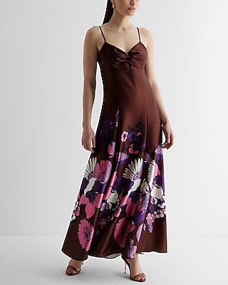 Cocktail & Party Satin Floral Twist Front Maxi Dress