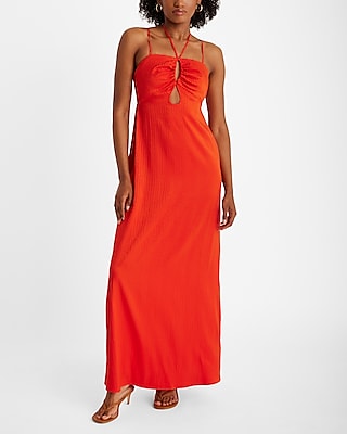 Jacquard Cutout Satin Cocktail Sleeveless Spaghetti Strap Halter Party Dress/Wedding Dress/Maxi Dress