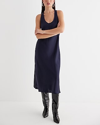 Satin Scoop Neck Cocktail Party Dress/Slip Dress/Midi Dress