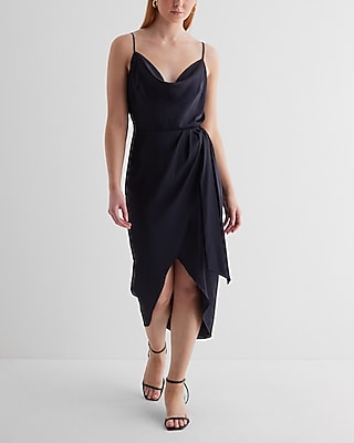 Cocktail & Party Satin Cowl Neck Tie Waist Hi-Lo Midi Dress
