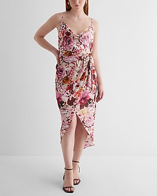 Cocktail & Party Satin Floral Cowl Neck Tie Waist Hi-Lo Midi Dress