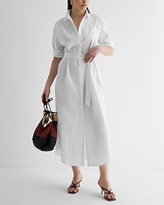 Button Front Poplin Tie Waist Waistline Shirt Maxi Dress