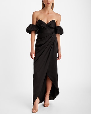 Strapless Satin Cocktail Slit Puff Sleeves Sleeves Evening Dress/Party Dress/Midi Dress