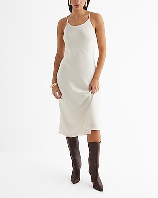 Casual,Date Night Satin Scoop Neck Midi Downtown Cami Slip Dress White Women's L