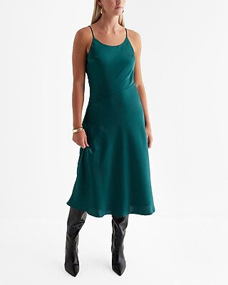 Casual,Date Night Satin Scoop Neck Midi Downtown Cami Slip Dress Green Women's S