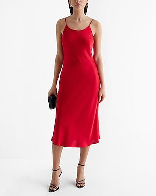 Casual,Date Night Satin Scoop Neck Midi Downtown Cami Slip Dress Red Women's S