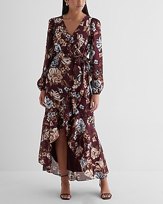 Floral Print Wrap Satin Dress by Express