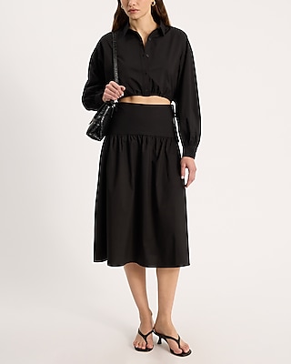 Dropped Waistline Button Front Cutout Shirt Midi Dress