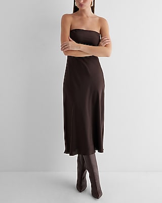 Cocktail & Party,Date Night Satin Strapless Midi Slip Dress Brown Women's XL