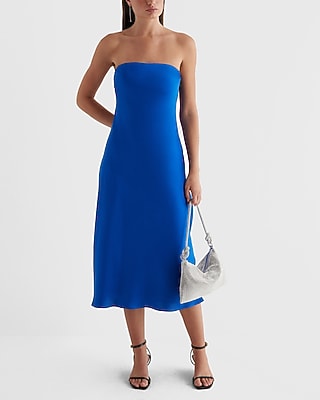 Cocktail & Party,Date Night Satin Strapless Midi Slip Dress Blue Women's XS