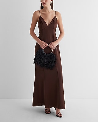 Cocktail & Party Satin V-Neck Empire Waist Maxi Slip Dress  Brown Women's XS