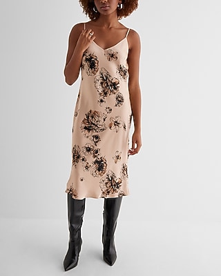 Casual,Cocktail & Party,Date Night Floral Satin V-Neck Midi Downtown Cami Slip Dress