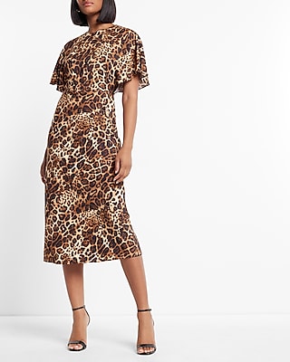 Work Satin Leopard Print Crew Neck Open Back Midi Dress