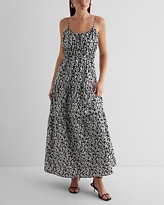 Casual Floral Scoop Neck Pleated Tiered Poplin Maxi Dress