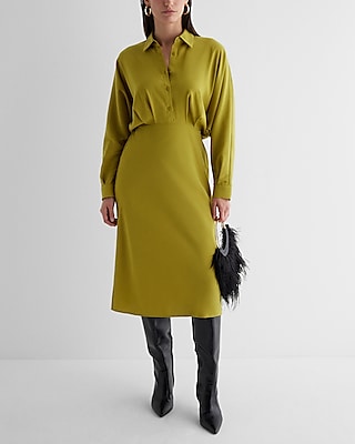 Work Half Button Up Midi Portofino Shirt Dress Green Women's L