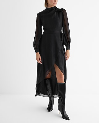 Cocktail & Party Metallic Mock Neck Surplice Hi-Lo Maxi Dress