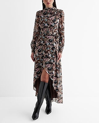 Tall V-neck Faux Wrap Gathered Striped Print Mock Neck Metallic Cocktail Party Dress/Maxi Dress