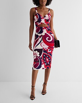Cocktail & Party Printed Sweetheart Neckline Cutout Midi  Dress