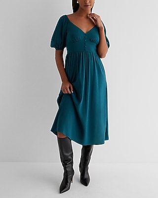 Date Night,Casual V-Neck Puff Sleeve Button Front Tie Back Midi Dress