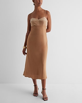Date Night,Cocktail & Party Velvet Sweetheart Neckline Satin Slip Midi Dress Brown Women's S