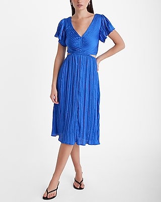 V-neck Cocktail Satin Cutout Pleated Flutter Sleeves Party Dress/Wedding Dress by Express