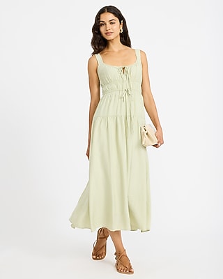 Scoop Neck Tie Front Keyhole Tiered Midi Dress