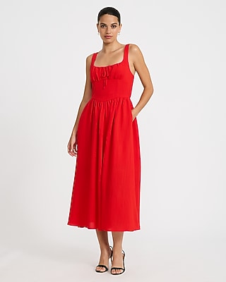 Tie Neck Dipped Waist Smocked Back Midi Dress with Pockets