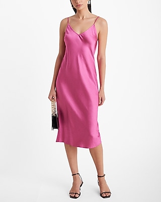 Date Night,Cocktail & Party,Bridal Shower Satin V-Neck Downtown Cami Midi Slip Dress Pink Women's XL