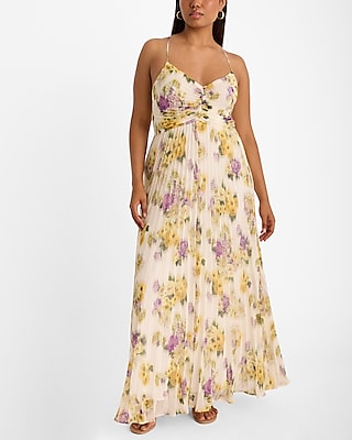 V-neck Pleated Floral Print Spaghetti Strap Wedding Dress by Express