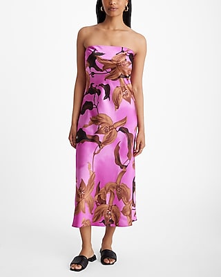 Strapless Satin Cocktail Floral Print Party Dress/Wedding Dress/Slip Dress/Midi Dress