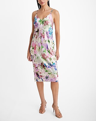 V-neck Cocktail Floral Print Satin Sleeveless Spaghetti Strap Party Dress/Wedding Dress/Slip Dress/Midi Dress