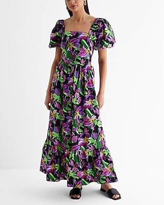 Vacation,Bridal Shower Floral Square Neck Puff Sleeve Tiered Poplin Maxi Dress Multi-Color Women's