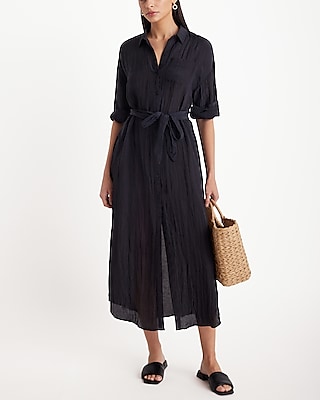 Casual,Vacation Crinkle Portofino Maxi Shirt Dress Black Women's