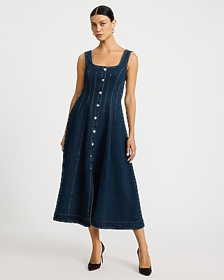 Denim Square Neck Button Front Seamed Maxi Dress