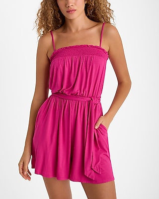 Vacation,casual Square Neck Sleeveless Smocked Tie Waist Romper