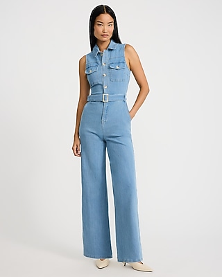 Denim Button Front Belted Wide Leg Jumpsuit with Pockets