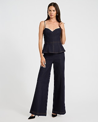 Stretch Denim Sweetheart Neck Wide Leg Jumpsuit