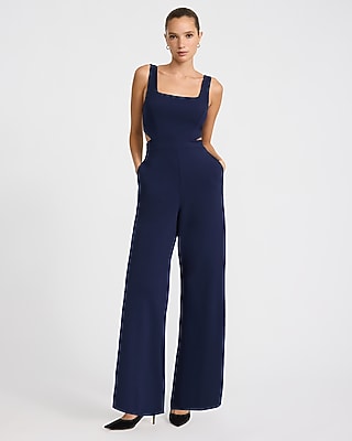 Crepe Square Neck Cutout Wide Leg Jumpsuit with Pockets