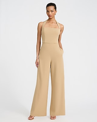 Crepe Tie Halter Square Neck Wide Leg Jumpsuit with Pockets