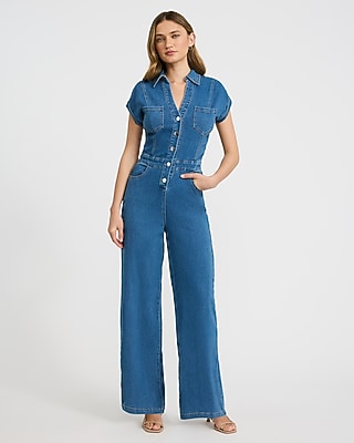 Stretch Denim Short Sleeve Wide Leg Jumpsuit