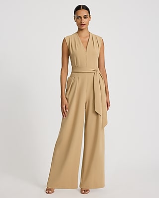 Crepe V-Neck Tie Waist Wide Leg Jumpsuit with Pockets
