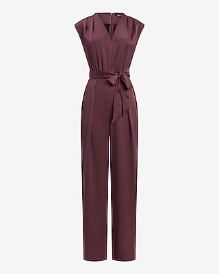 Satin V-Neck Tie Waist Wide Leg Jumpsuit with Pockets