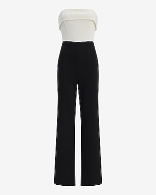 Color Block Crepe Strapless Flare Trouser Jumpsuit with Pockets